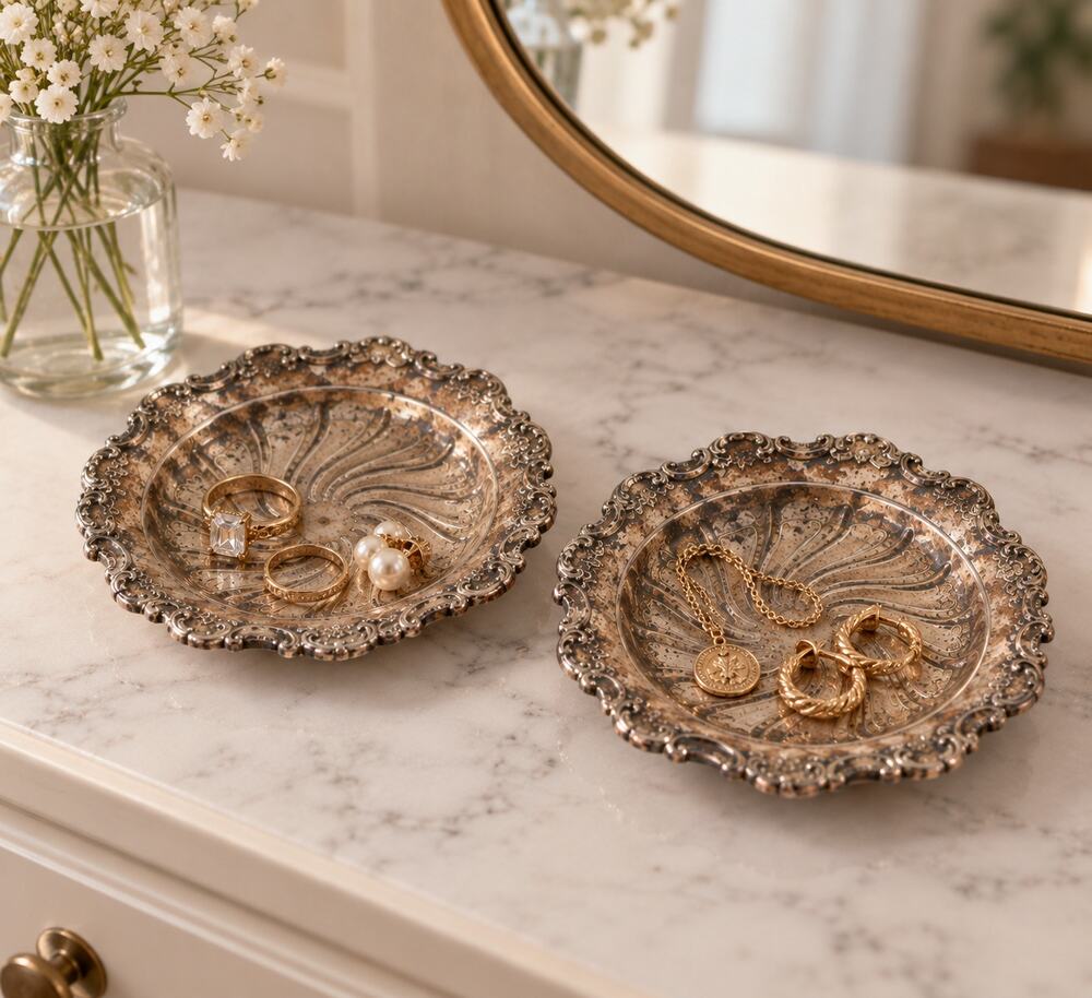 Vintage Silverplate Coasters Catchall Trays Ornate Baroque Vanity Trinket Pair